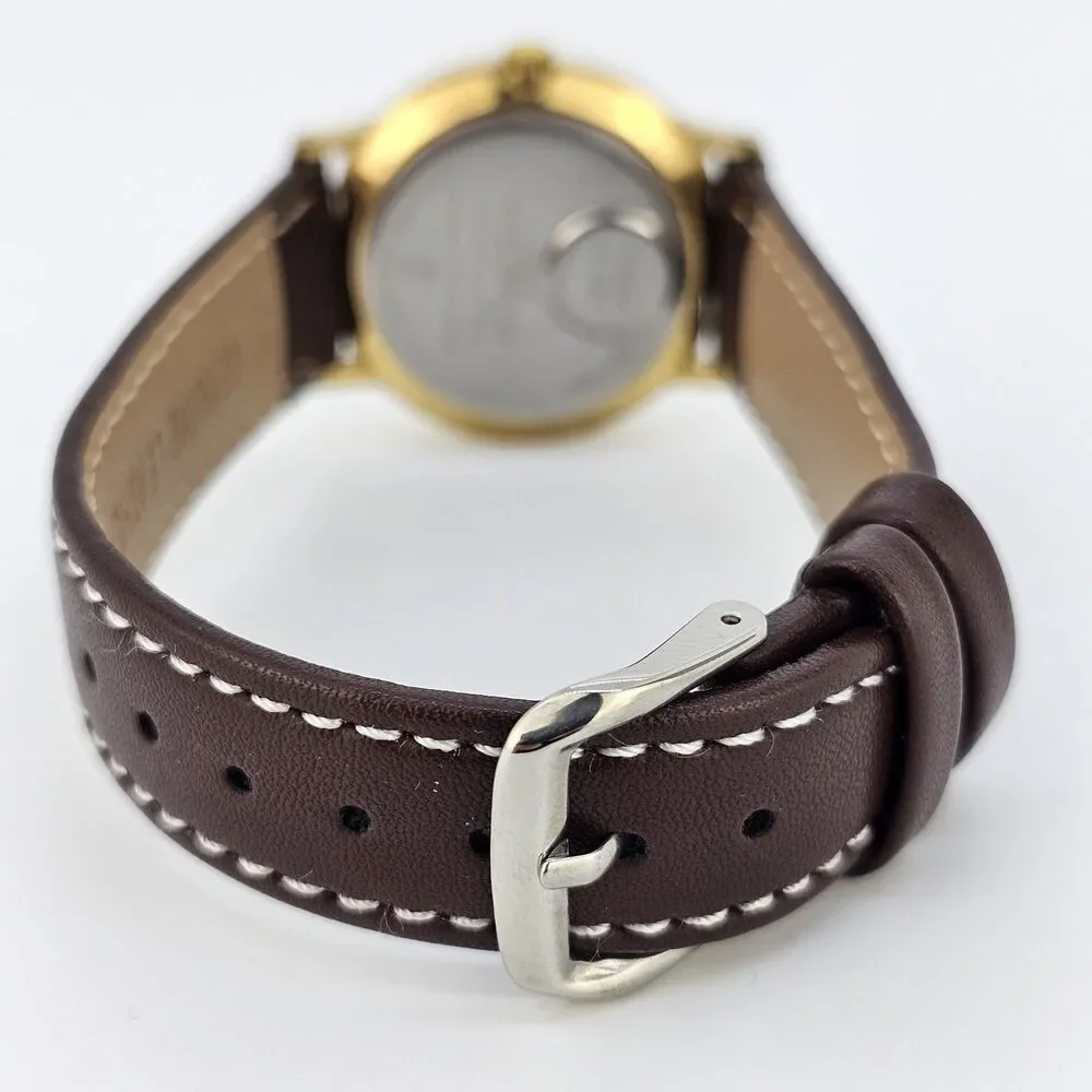 VTG Timex Men's Watch 32MM Gold Dial DayDate New Brown Leather Bands New Battery